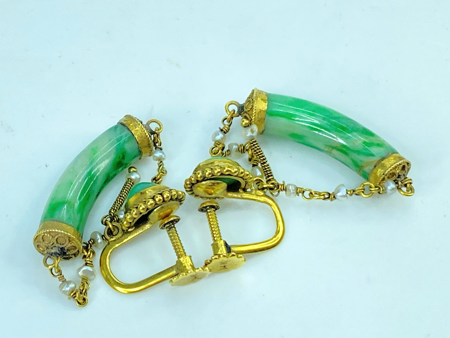 Mid-Century 14K Gold Jadeite & Seed Pearl Screw-Back Dangle Earrings 7.9g