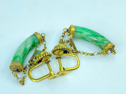 Mid-Century 14K Gold Jadeite & Seed Pearl Screw-Back Dangle Earrings 7.9g
