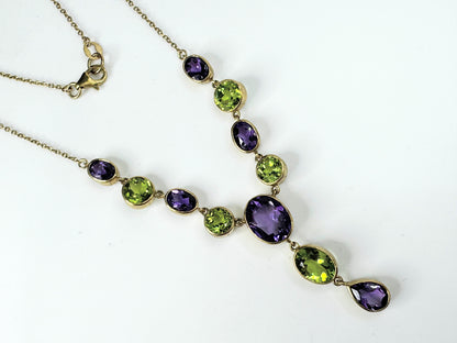 Amethyst Peridot faceted gemstone drop necklace English gold 8.4g JR9425