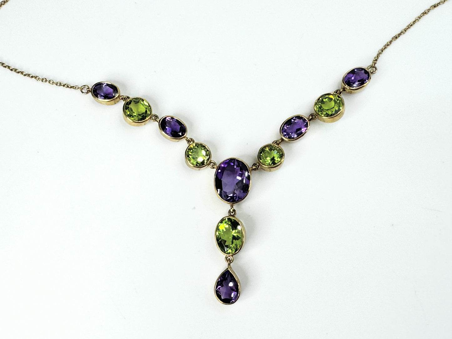 Amethyst Peridot faceted gemstone drop necklace English gold 8.4g JR9425