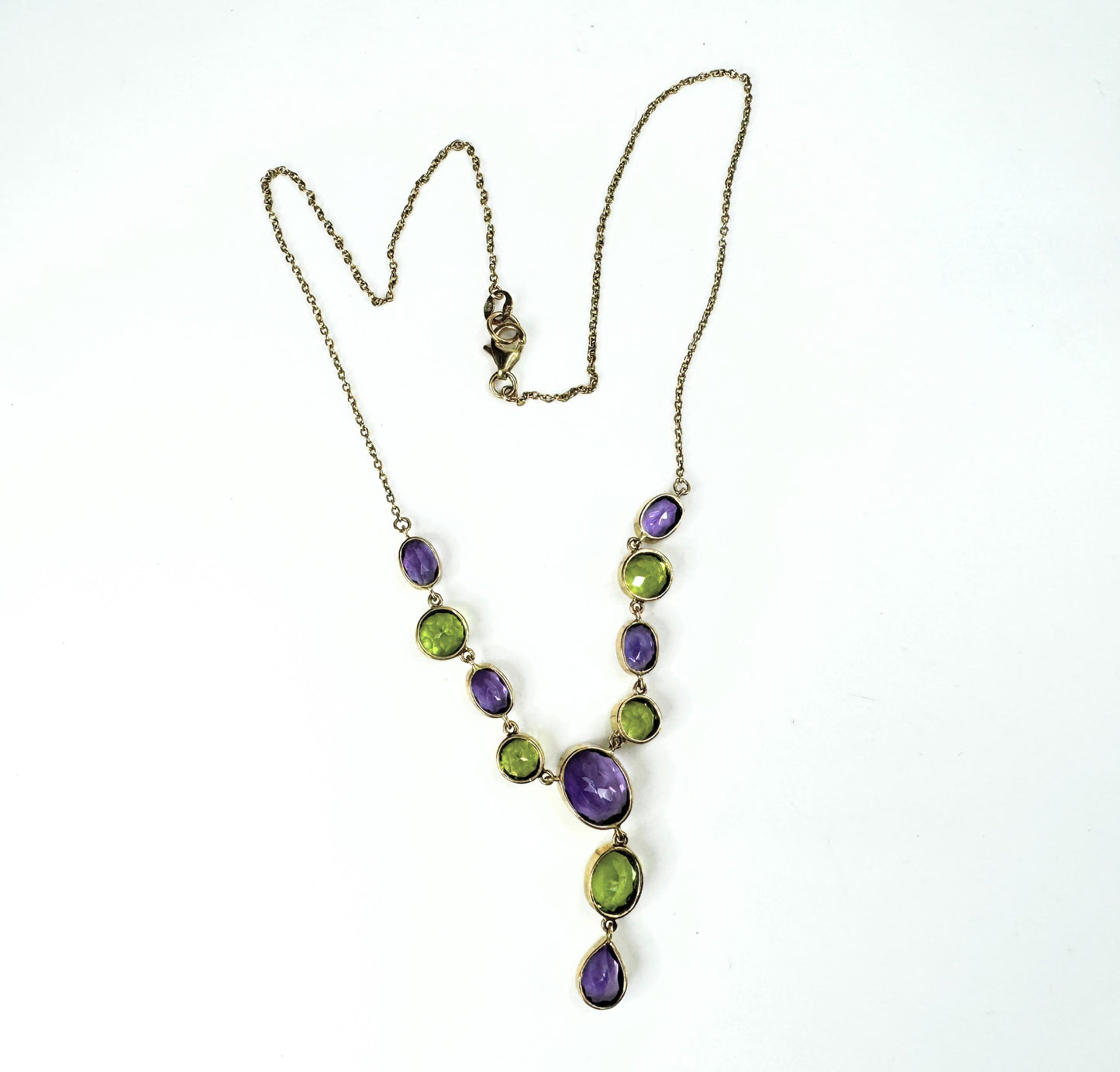 Amethyst Peridot faceted gemstone drop necklace English gold 8.4g JR9425