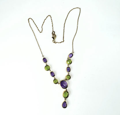 Amethyst Peridot faceted gemstone drop necklace English gold 8.4g JR9425