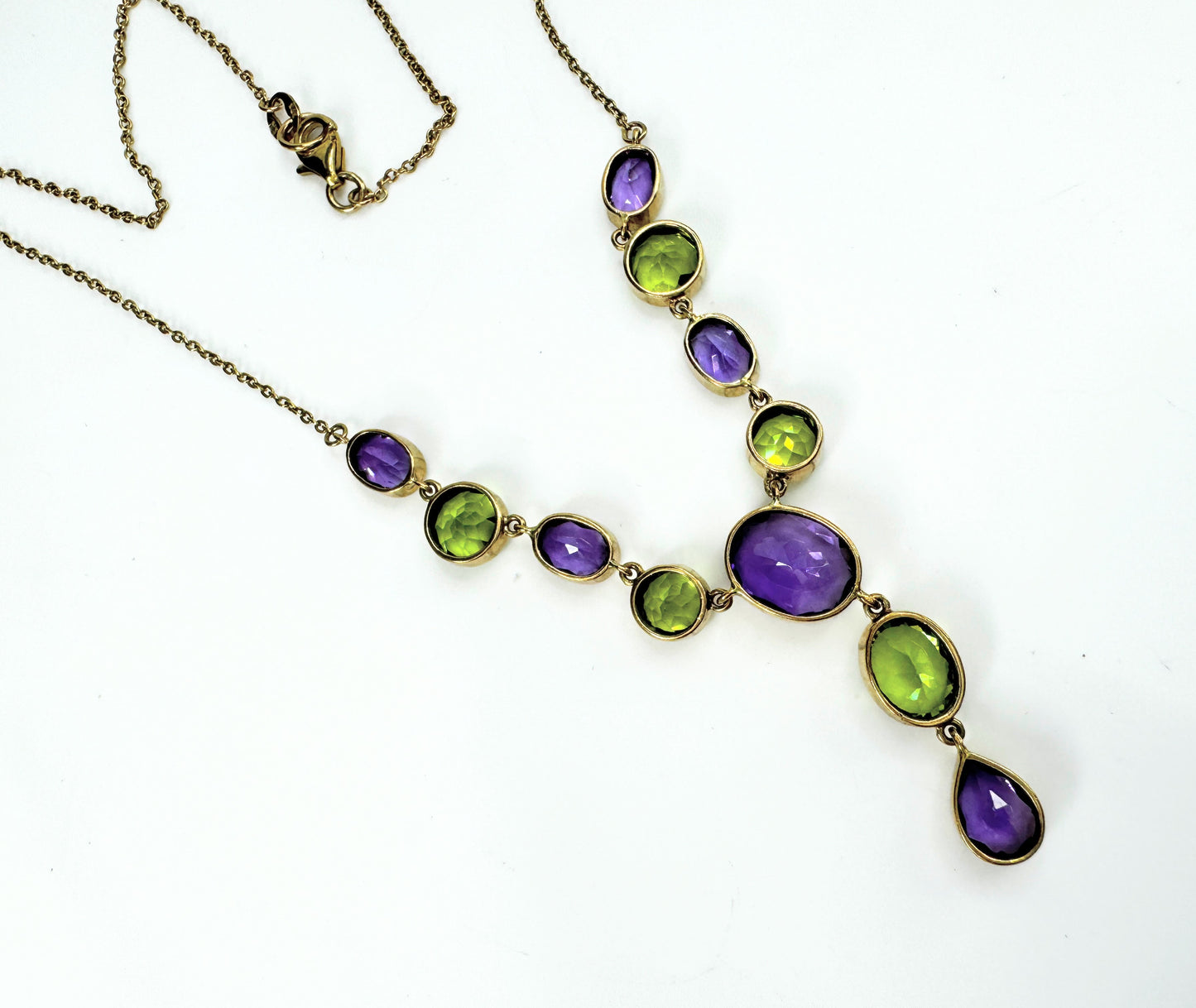 Amethyst Peridot faceted gemstone drop necklace English gold 8.4g JR9425