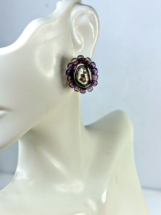Vintage Givenchy Purple Glass Beaded Oval Clip Earrings GS786