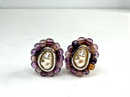 Vintage Givenchy Purple Glass Beaded Oval Clip Earrings GS786