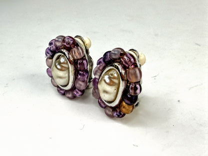 Vintage Givenchy Purple Glass Beaded Oval Clip Earrings GS786