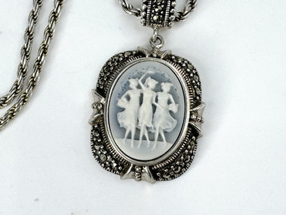 Sterling Silver 925 Marcasite 3 Grace Jasperware Cameo Pendant Necklace JR9426