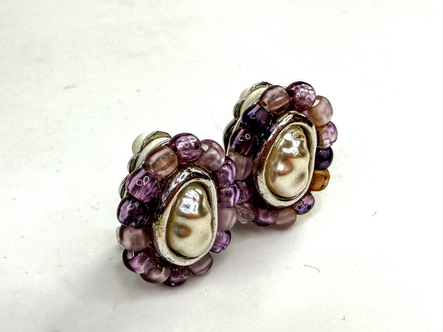 Vintage Givenchy Purple Glass Beaded Oval Clip Earrings GS786