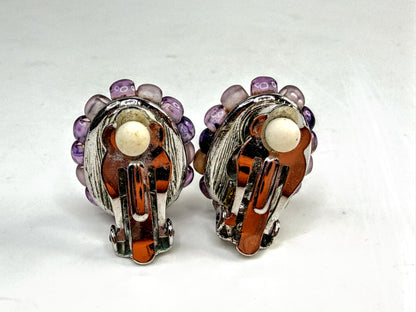 Vintage Givenchy Purple Glass Beaded Oval Clip Earrings GS786