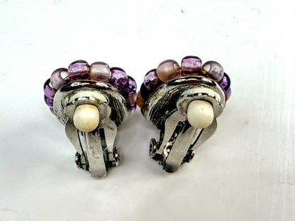 Vintage Givenchy Purple Glass Beaded Oval Clip Earrings GS786