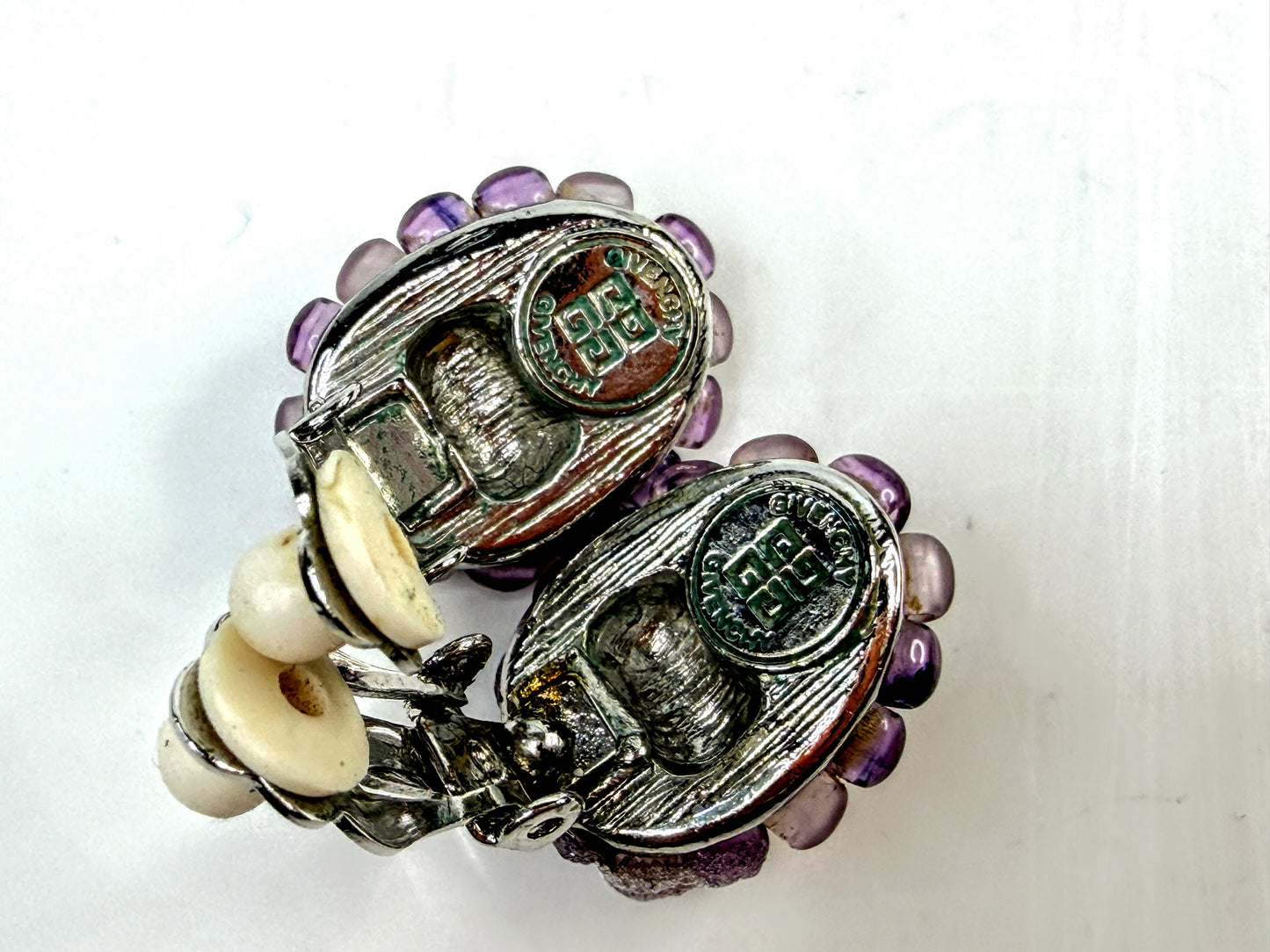 Vintage Givenchy Purple Glass Beaded Oval Clip Earrings GS786
