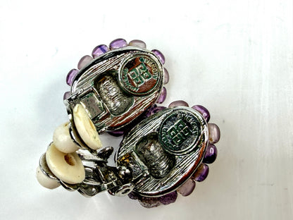 Vintage Givenchy Purple Glass Beaded Oval Clip Earrings GS786