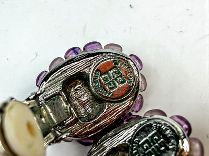 Vintage Givenchy Purple Glass Beaded Oval Clip Earrings GS786