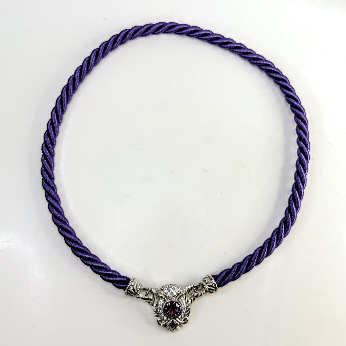 Vintage Judith Ripka Amethyst & CZ Sterling Purple silk rope Necklace 18" JR1534