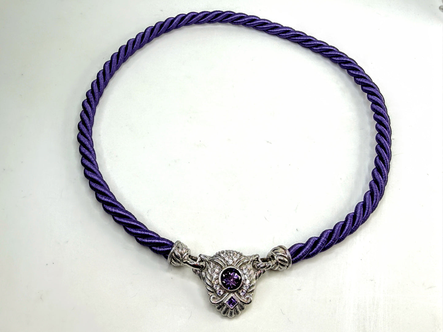 Vintage Judith Ripka Amethyst & CZ Sterling Purple silk rope Necklace 18" JR1534