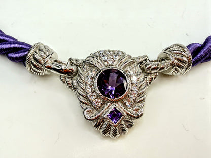 Vintage Judith Ripka Amethyst & CZ Sterling Purple silk rope Necklace 18" JR1534
