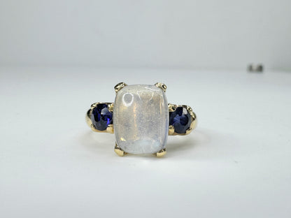 Moonstone & Sapphire cabochon 14K yellow gold ring 4.5g s6 JR9429