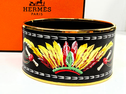 Vintage Hermès Enamel Feather Motif Wide Bangle Bracelet Austria GS787