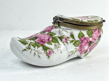 Vintage Limoges Porcelain Shoe Trinket Box Hand Painted Roses A957