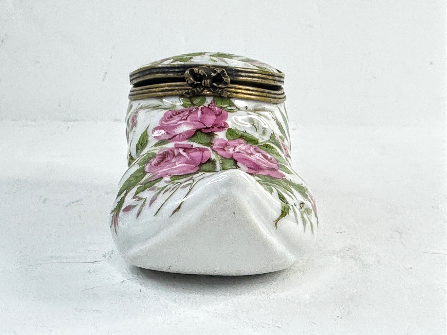Vintage Limoges Porcelain Shoe Trinket Box Hand Painted Roses A957