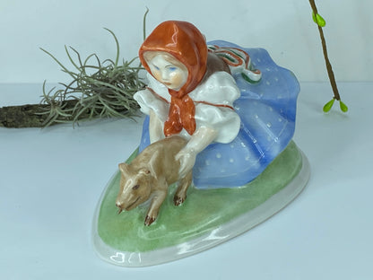 Herend Hungary China - Hungarian Girl Chasing Pig Piglet Figurine 5.25 inches