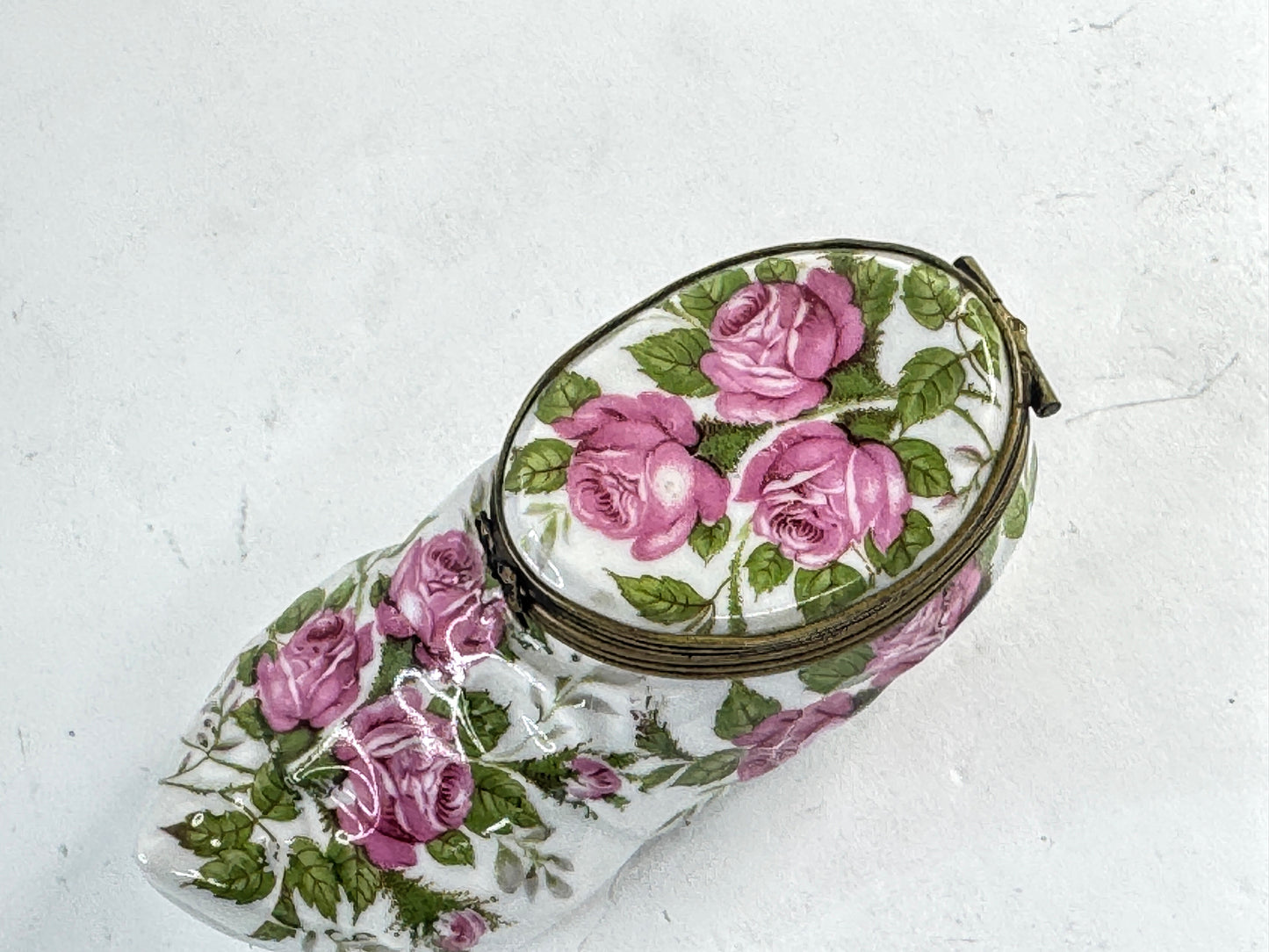 Vintage Limoges Porcelain Shoe Trinket Box Hand Painted Roses A957