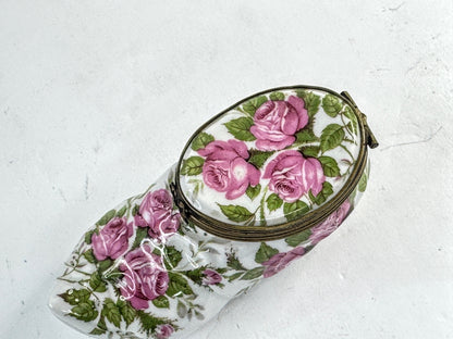 Vintage Limoges Porcelain Shoe Trinket Box Hand Painted Roses A957