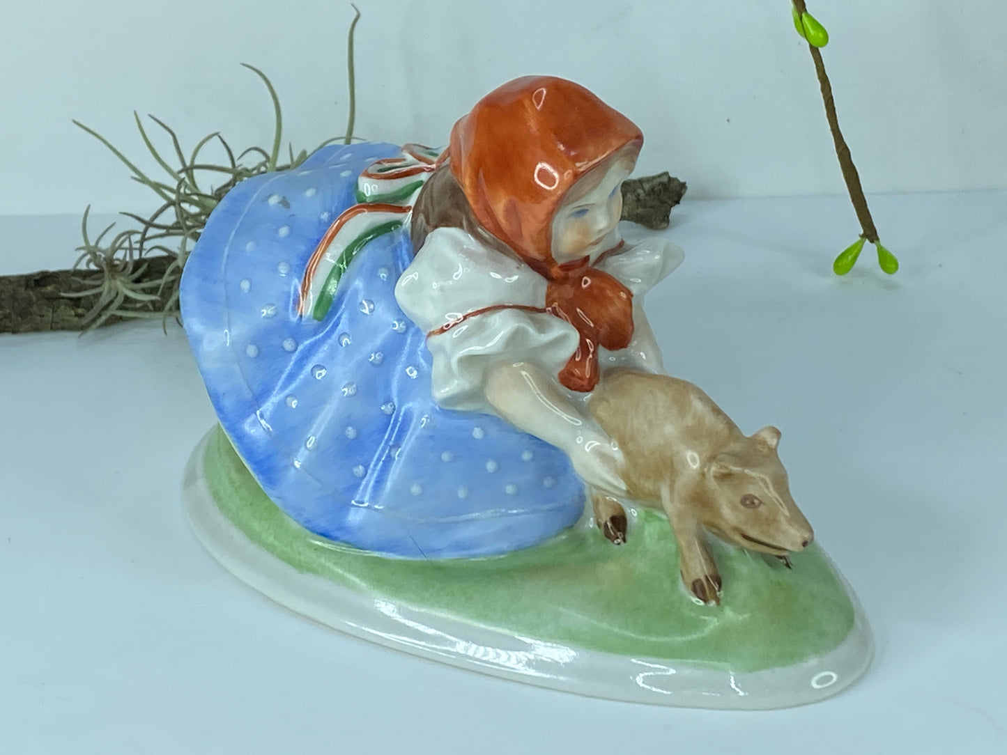 Herend Hungary China - Hungarian Girl Chasing Pig Piglet Figurine 5.25 inches