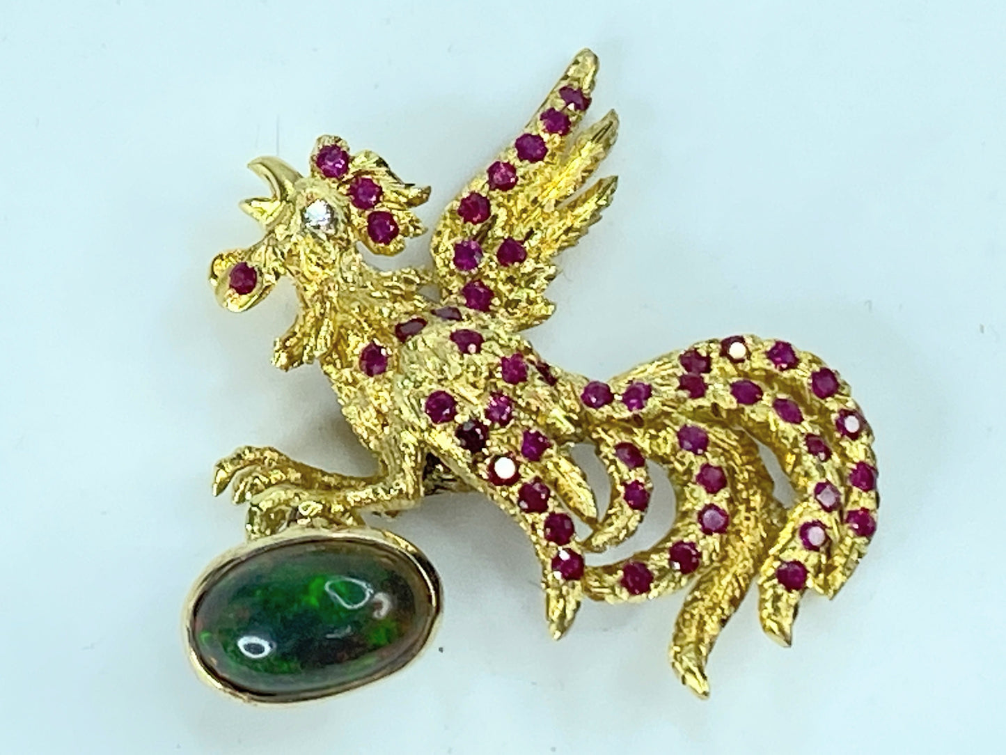 Buccellati 18K Gold Rooster Brooch with 2.50ct Black Opal & 1.80ct Ruby Accents