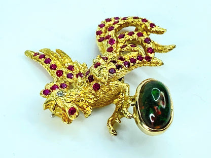 Buccellati 18K Gold Rooster Brooch with 2.50ct Black Opal & 1.80ct Ruby Accents
