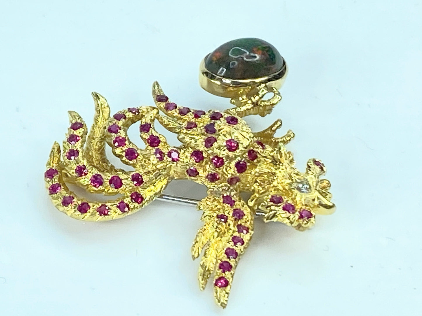 Buccellati 18K Gold Rooster Brooch with 2.50ct Black Opal & 1.80ct Ruby Accents