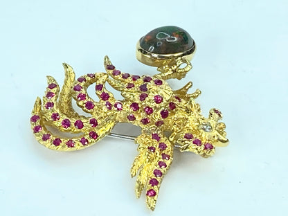 Buccellati 18K Gold Rooster Brooch with 2.50ct Black Opal & 1.80ct Ruby Accents