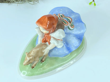 Herend Hungary China - Hungarian Girl Chasing Pig Piglet Figurine 5.25 inches