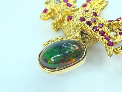 Buccellati 18K Gold Rooster Brooch with 2.50ct Black Opal & 1.80ct Ruby Accents
