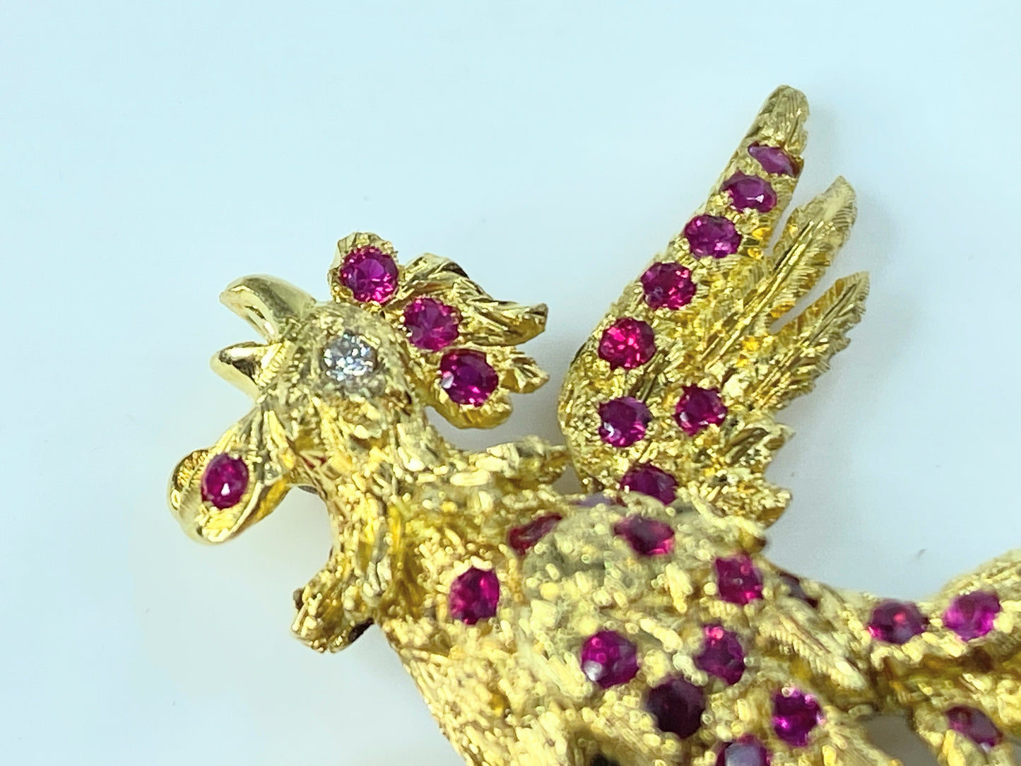 Buccellati 18K Gold Rooster Brooch with 2.50ct Black Opal & 1.80ct Ruby Accents