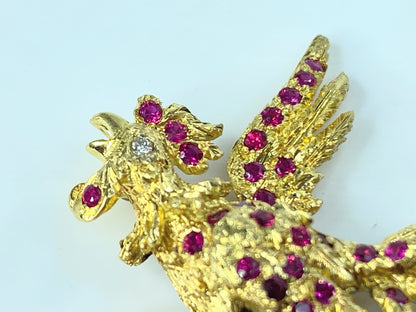 Buccellati 18K Gold Rooster Brooch with 2.50ct Black Opal & 1.80ct Ruby Accents