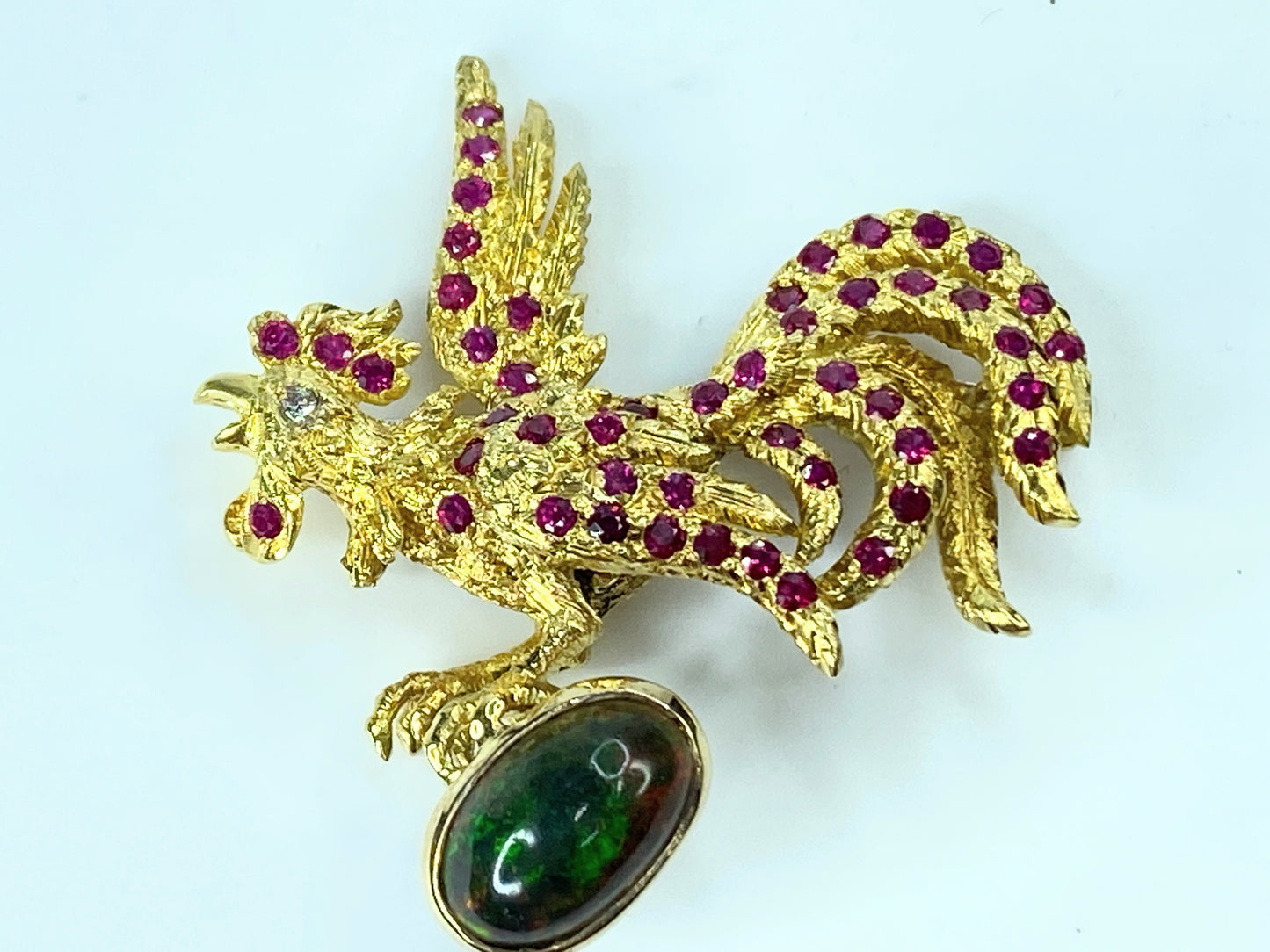 Buccellati 18K Gold Rooster Brooch with 2.50ct Black Opal & 1.80ct Ruby Accents