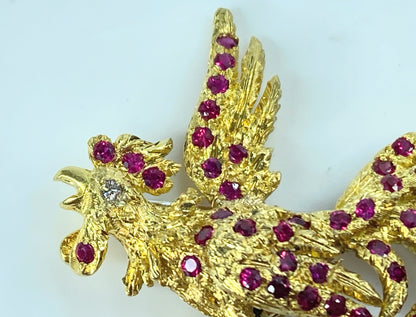Buccellati 18K Gold Rooster Brooch with 2.50ct Black Opal & 1.80ct Ruby Accents