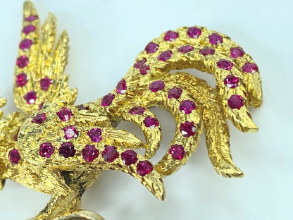 Buccellati 18K Gold Rooster Brooch with 2.50ct Black Opal & 1.80ct Ruby Accents