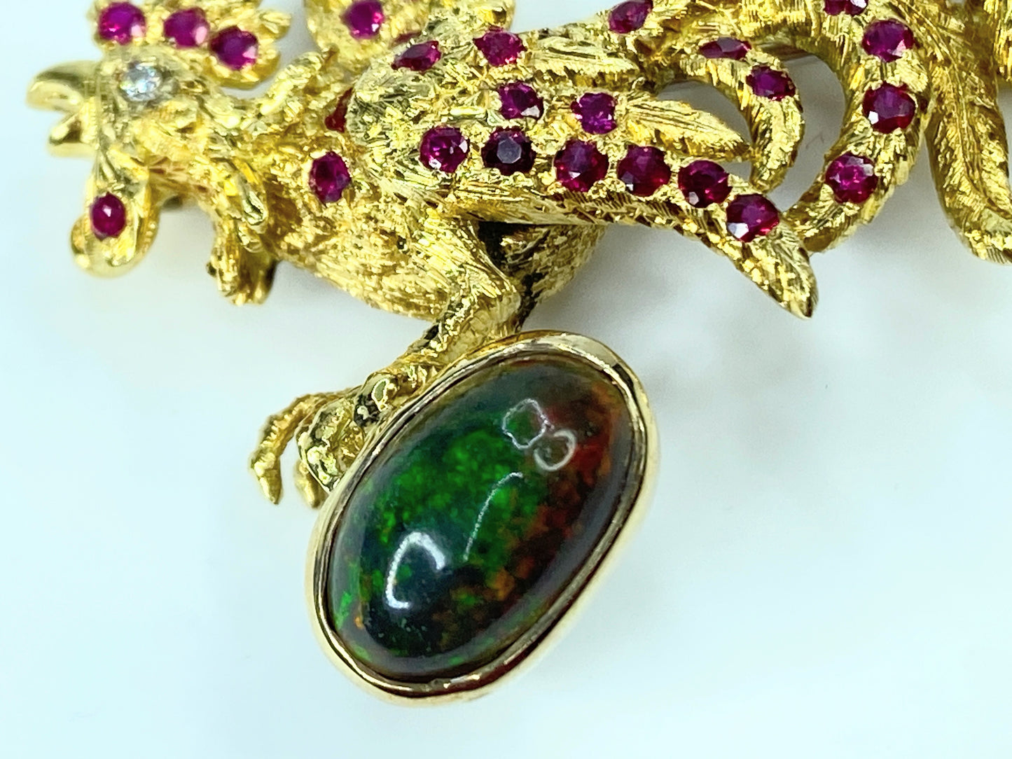 Buccellati 18K Gold Rooster Brooch with 2.50ct Black Opal & 1.80ct Ruby Accents
