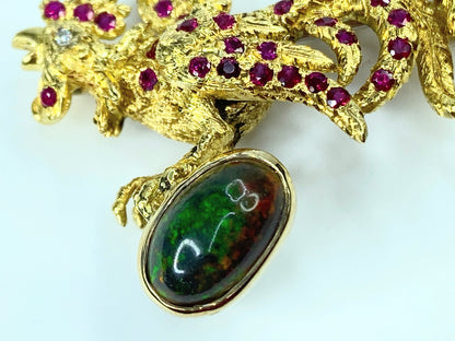 Buccellati 18K Gold Rooster Brooch with 2.50ct Black Opal & 1.80ct Ruby Accents
