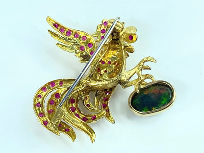 Buccellati 18K Gold Rooster Brooch with 2.50ct Black Opal & 1.80ct Ruby Accents