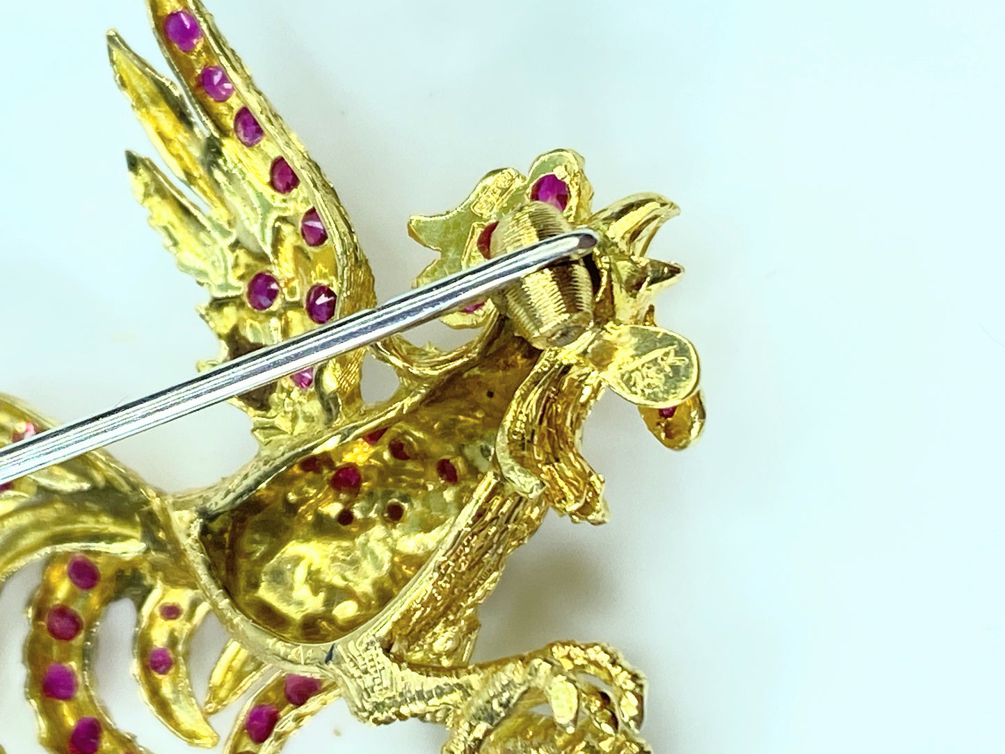 Buccellati 18K Gold Rooster Brooch with 2.50ct Black Opal & 1.80ct Ruby Accents