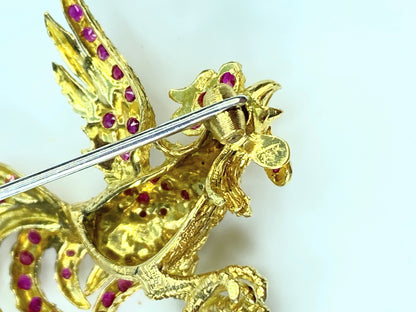 Buccellati 18K Gold Rooster Brooch with 2.50ct Black Opal & 1.80ct Ruby Accents