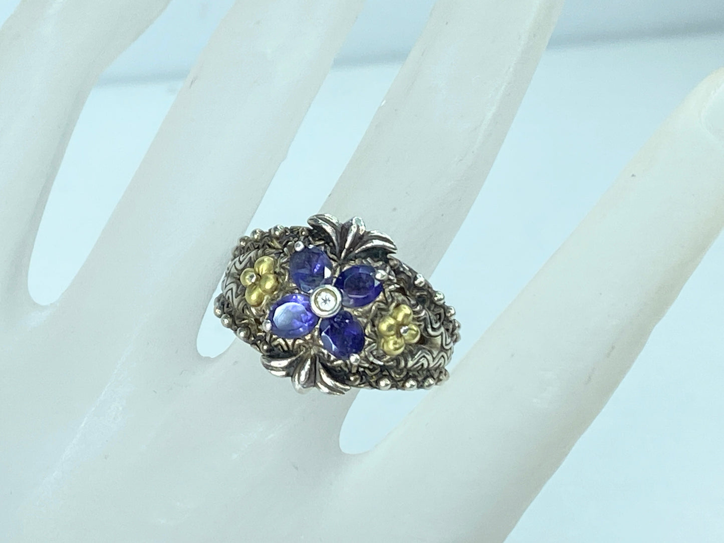 Barbara Bixby Sterling 18K Gold Floral Ring with Tanzanite/Iolite Accent JR1081
