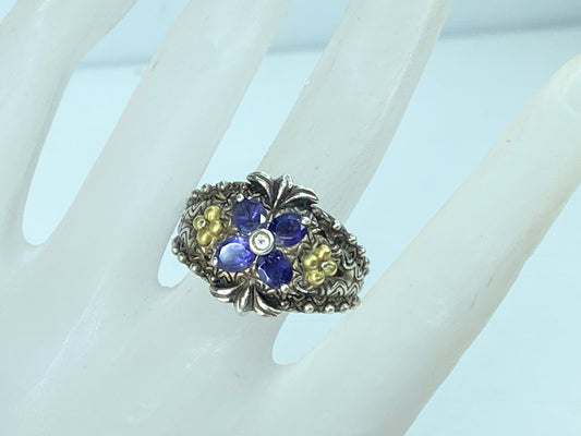 Barbara Bixby Sterling 18K Gold Floral Ring with Tanzanite/Iolite Accent JR1081