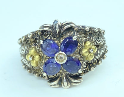 Barbara Bixby Sterling 18K Gold Floral Ring with Tanzanite/Iolite Accent JR1081