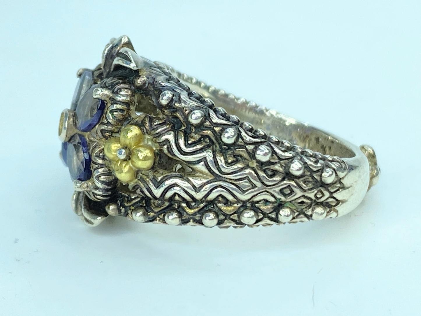 Barbara Bixby Sterling 18K Gold Floral Ring with Tanzanite/Iolite Accent JR1081