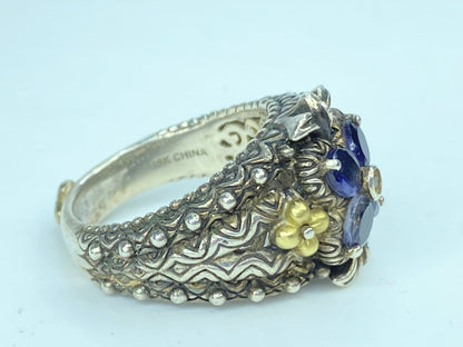Barbara Bixby Sterling 18K Gold Floral Ring with Tanzanite/Iolite Accent JR1081