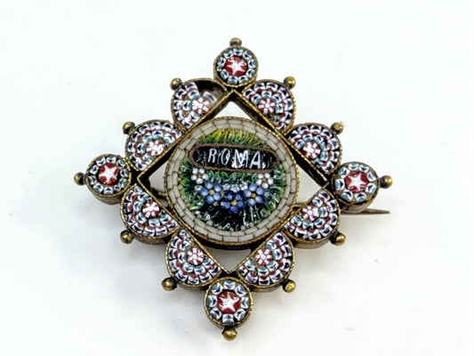 Antique Italian Micro Mosaic Roma Brooch Millefiori Frame JR1538